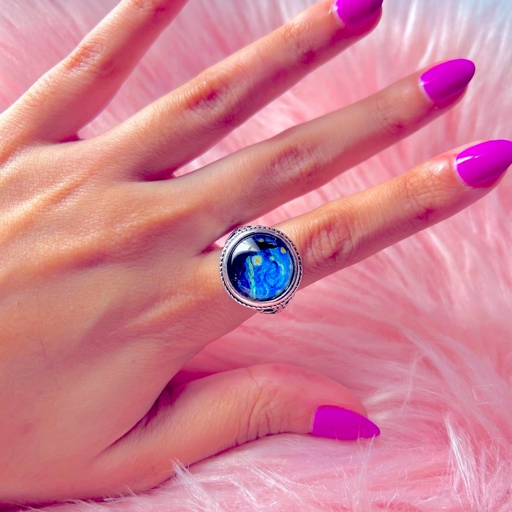 💍 The Starry Night, Vincent Van Gogh Art Deco Ring SZ 8 💍